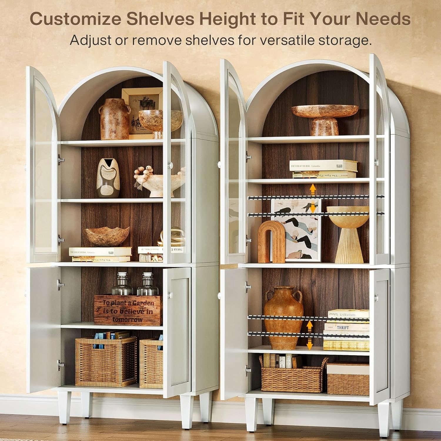 5-Tier White Wood Farmhouse Arch Storage Cabinet, 68 Inches Bookcase with Doors & Adjustable Shelves