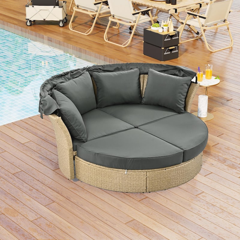 Outdoor Patio Daybed Wicker Rattan Double Daybed Round Sofa Furniture Set with Retractable Canopy - Grey