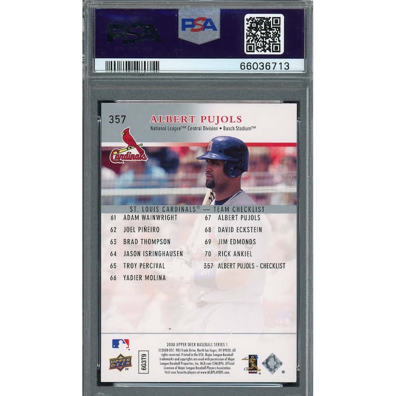 Albert Pujols 2008 Upper Deck Baseball Card #357 Graded PSA 10 - 8'6" x 11'6"