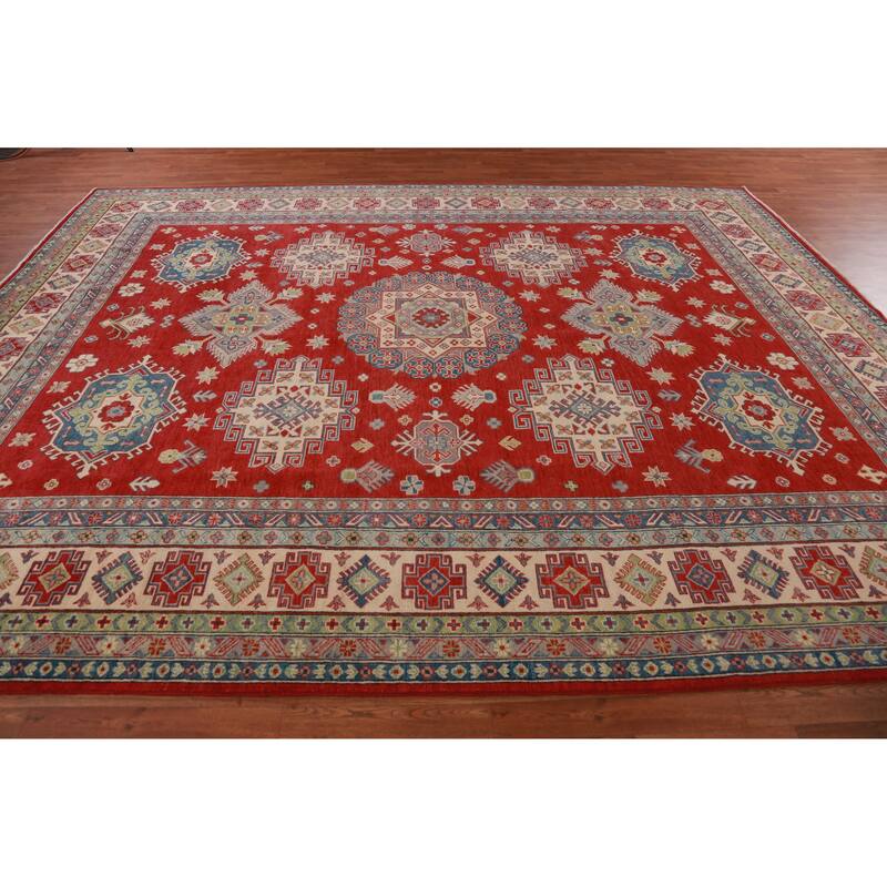 Hand Knotted Oriental 100% Wool Carpet Traditional Geometric Red Kazak Area Rug - 12' 9'' X 9' 11''