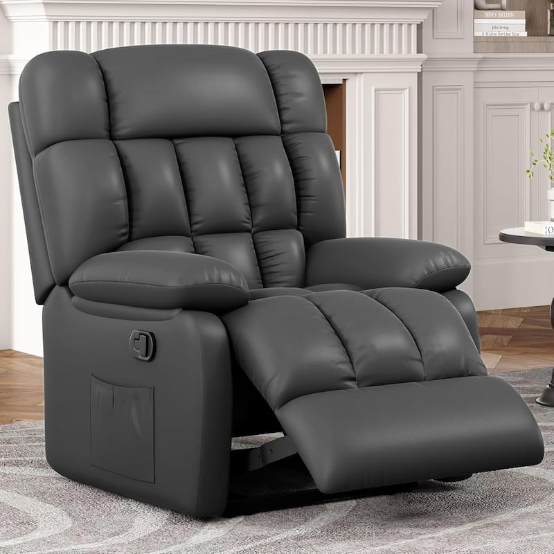 Upholstered Rocker Recliner Chair with Side Pocket, Ergonomic 110°-160°Adjustable Reclining Chairs, Sofa Chair with Footrest - Black PU