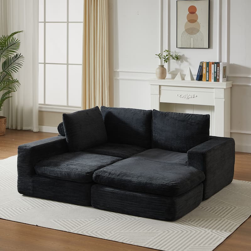 L-Shaped Sectional Sofa with Chaise Lounge, Corduroy Upholstered Boneless Couch, Module Corner Sofa with 3 Pillows
