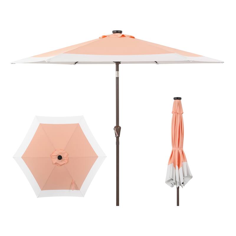 Sidney 9 ft. 2-Tone Solar LED Market Patio Umbrella with 12 LED Strip Lights, Auto-Tilt, Crank and UV Protection, by JONATHAN Y