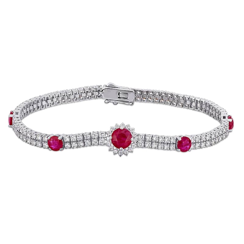 Miadora 3 2/5ct TGW Ruby and 3ct TW Diamond Station Bracelet in 14k White Gold