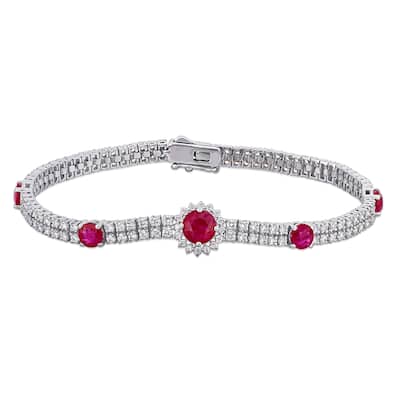 Miadora 3 2/5ct TGW Ruby and 3ct TW Diamond Station Bracelet in 14k White Gold