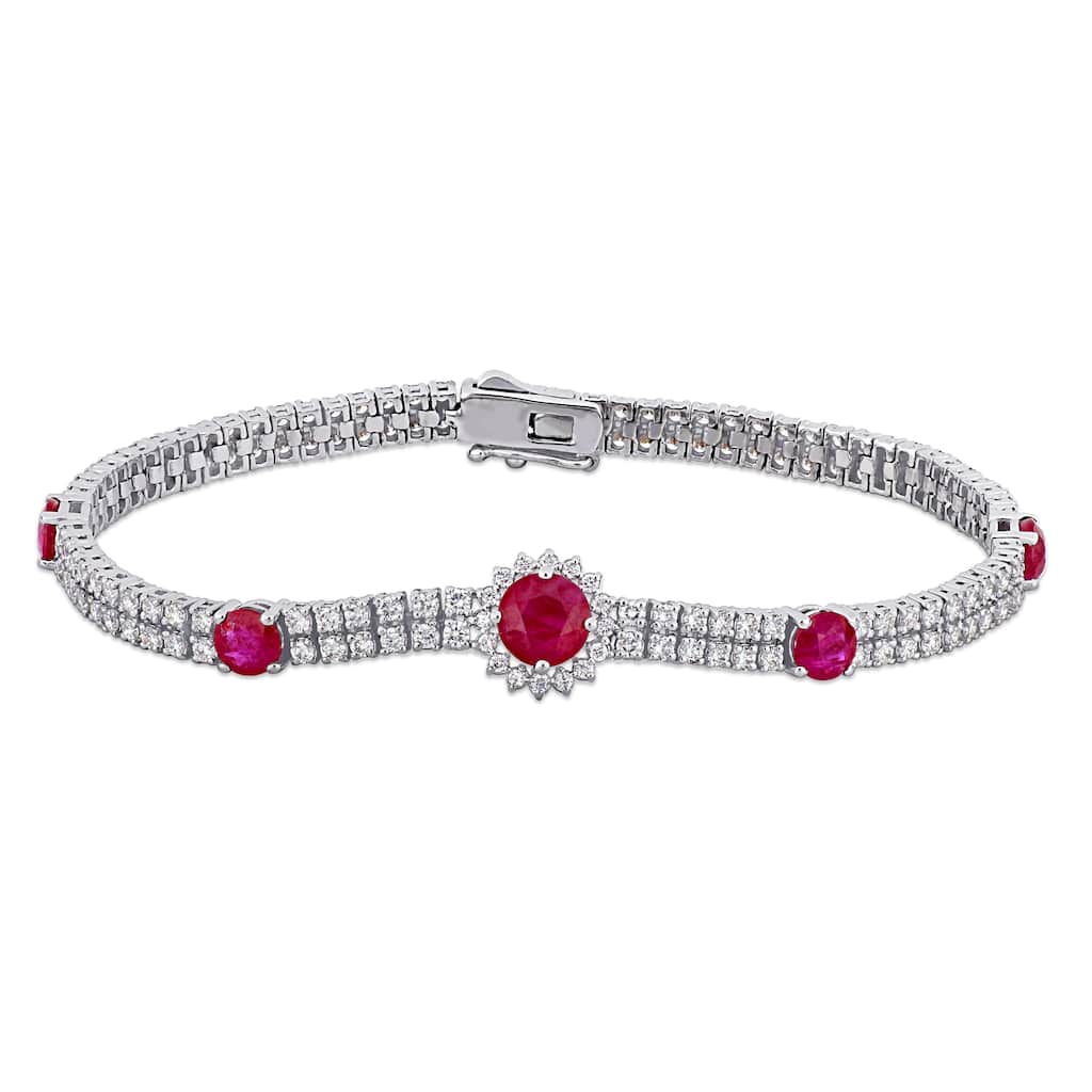 Miadora 3 2/5ct TGW Ruby and 3ct TW Diamond Station Bracelet in 14k White Gold