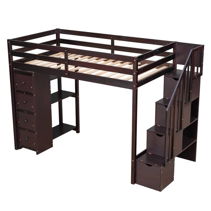 Twin Size Wooden Loft Bed with Storage Drawers, Shelves, and Stairs - Espresso