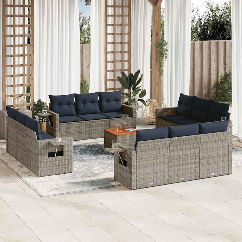 vidaXL 13 Piece Patio Sofa Set with Cushions Black Poly Rattan - 21.7" x 24.4" x 27.2" - Grey and blue