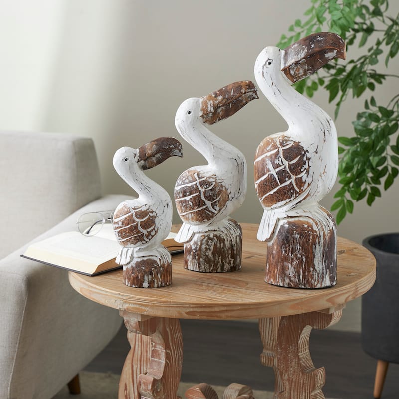 White Wood Handmade Distressed Pelican Decorative Sculpture with Brown Accents (Set of 3) - White