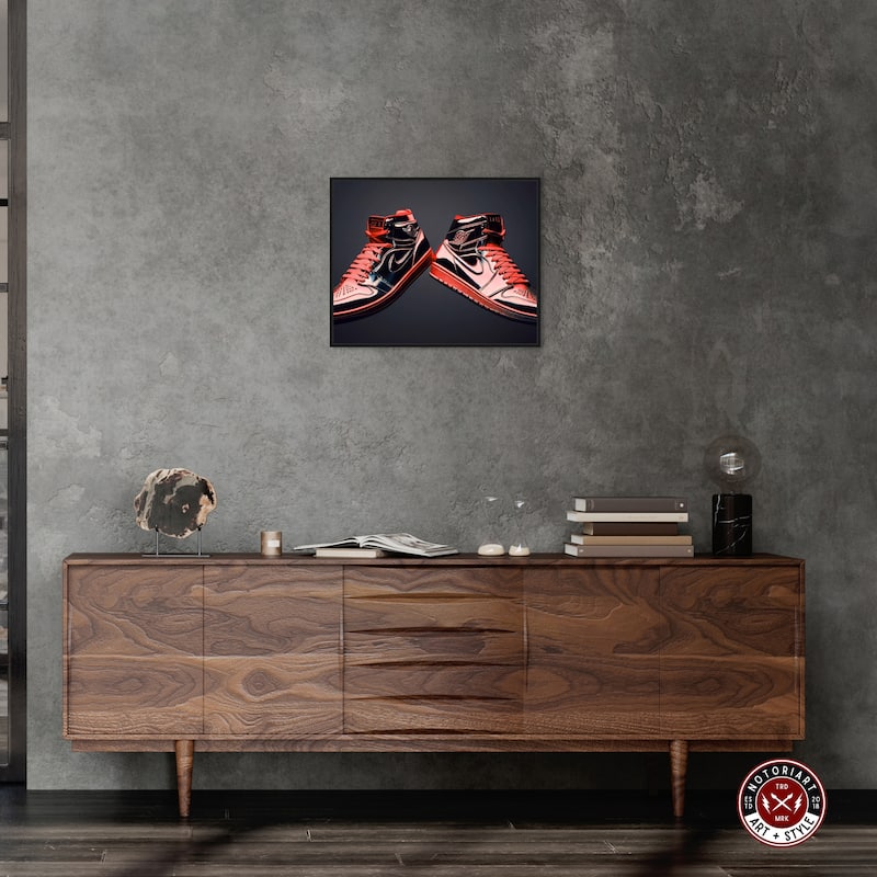Notoriart Red Sneakers On Display Framed Sneaker 1 Piece Canvas Wall Art