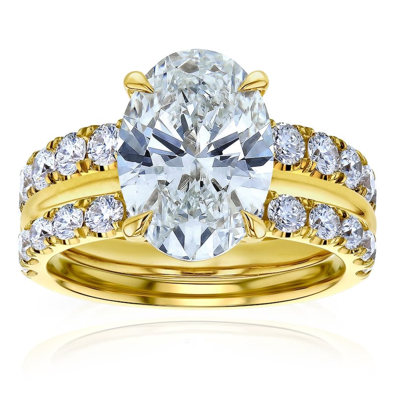 Kobelli 6.1 Carats Oval Lab Grown Diamond Certified 14k Solid Gold Drape Halo Jovie 3pc Bridal Set - 8 - Yellow