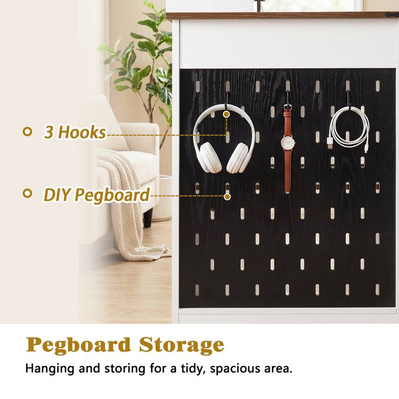 Roomfitters 55" Farmhouse Office Desk with Barn Door Cabinet, Pegboard & Charging Station