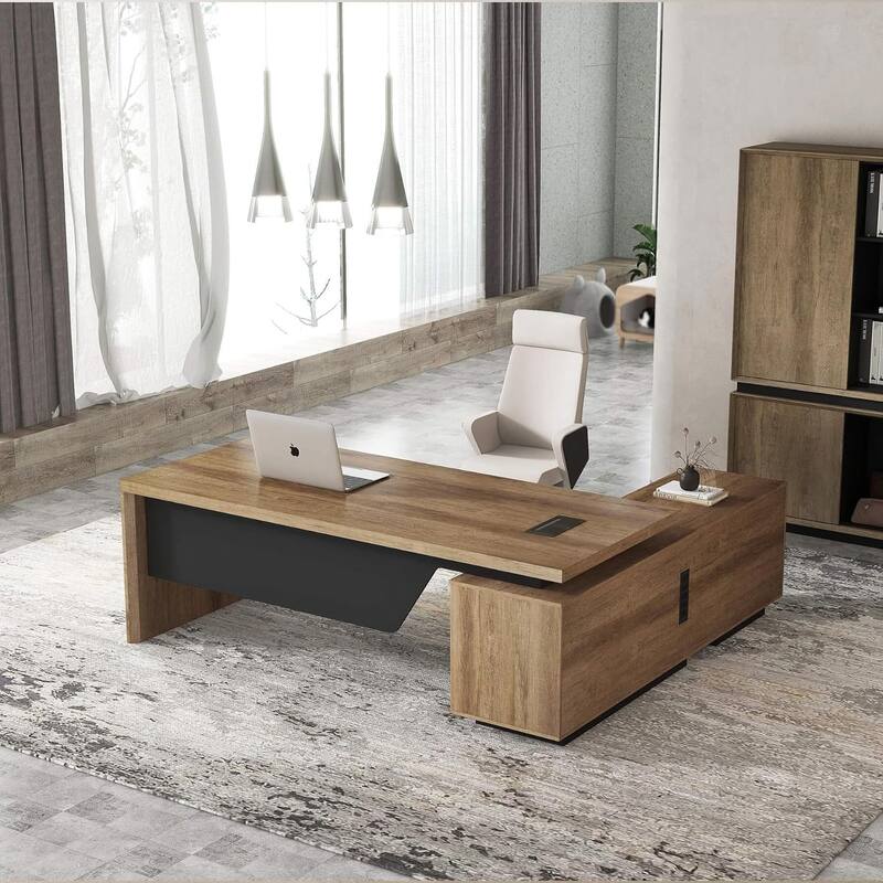 WESOME Retractable L-Shaped Executive Desk with Cable Management Drawers and Lateral File Cabinet