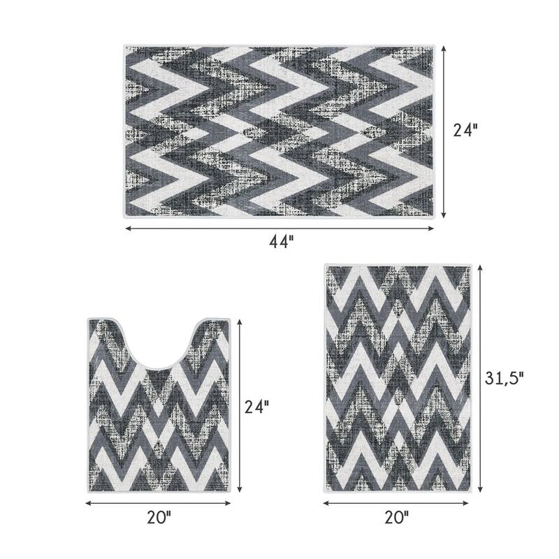 Geometric Design 3 Piece Bathroom Rugs Set - Non-Slip Ultra Thin Bath Rugs for Bathroom Floor - Washable Bathroom Mats Set