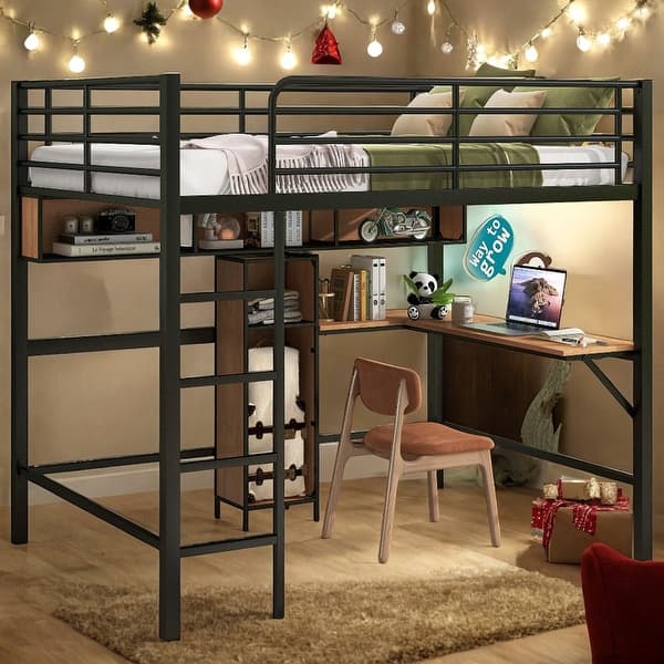 slide 2 of 15, Full Size Metal & Wood Loft Bed with L -shaped desk and shelves, Black Black