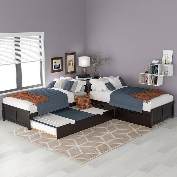 slide 2 of 18, L-Shaped Twin Platform Bed with Trundle, Drawers, Built-in Desk & Storage, 3-in-1 Design for Space-Saving, Solid Wood, Espresso Espresso