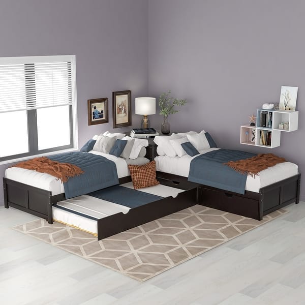 slide 2 of 11, Twin Size Table L-shaped Bed with Trundle and Storage Drawers Linked, Pine Wooden Platform Bed with Built-in Desk, Brown Espresso
