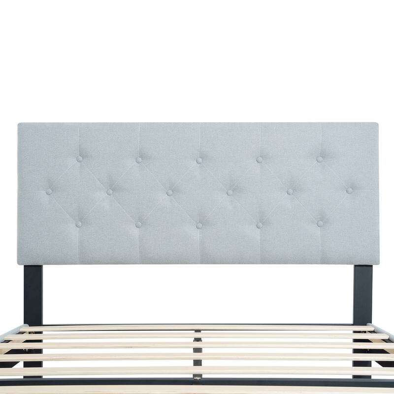 Light Gray Twin Size Upholstered Platform Bed Frame with Button Tufted Linen Fabric Headboard