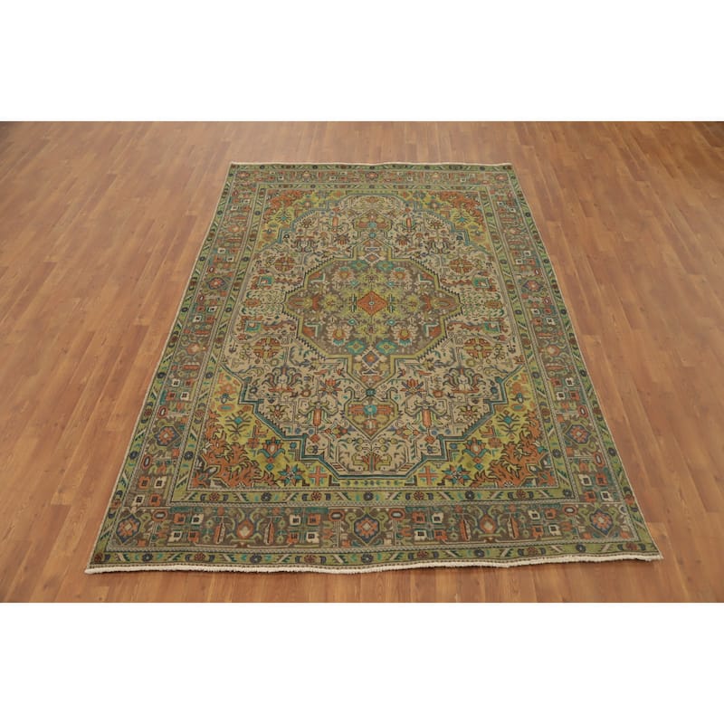 Hand Knotted Oriental 100% Wool Carpet Traditional Floral Beige & Ivories Tabriz Area Rug - 9' 4'' X 6' 4''