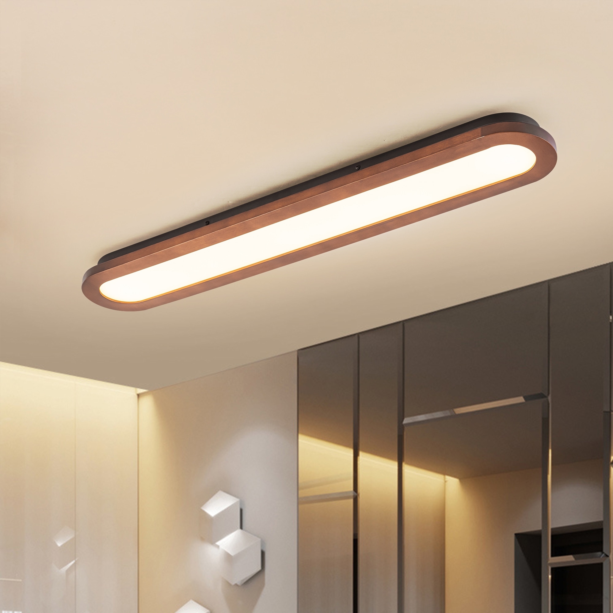 47.2" W 1-Light Modern Oval Walnut Wood Dimmable LED Flush Mount Ceiling Light for Living Room, Bedroom