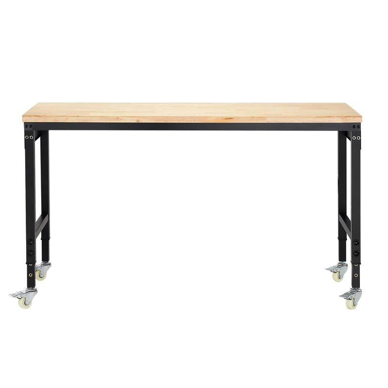 Black and Natural Oak Adjustable Height Workbench with Power Strip, Casters and Hooks - Black-Natural