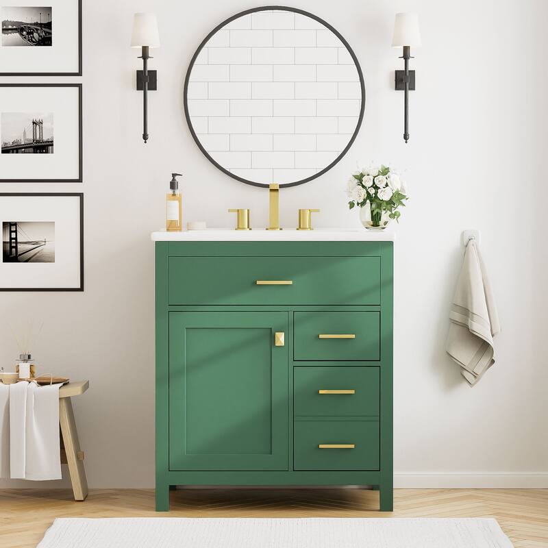 30 in. W x 18 in. D x 34 in. H Single Sink Freestanding Bath Vanity with White Ceramic Top - Green