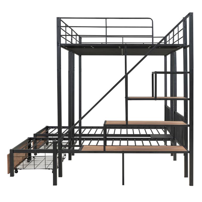 Triple Bed with Full + Twin Layout, Stair Storage & Drawers - Black Metal Construction