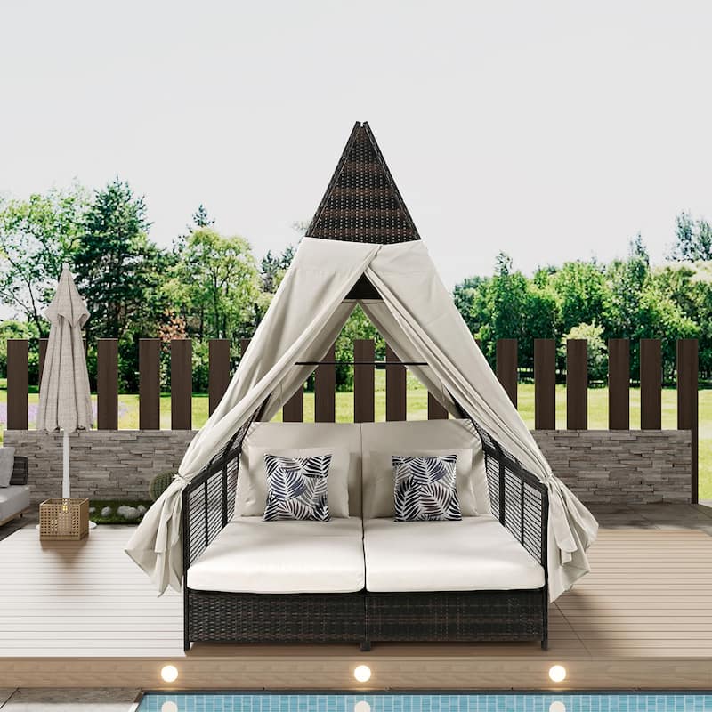 Outdoor All Weather Double Daybed with Curtains, Rattan Patio Lounge Sofa Bed with Adjustable Backrest