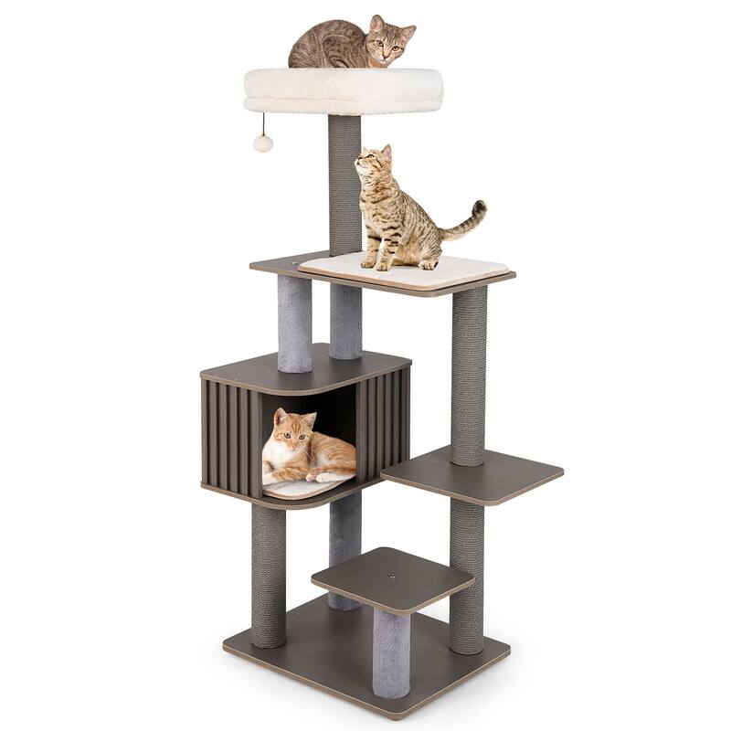 Gymax 59.5'' Tall Cat Tower w/Cushion Top Perch Detachable Mats - Grey