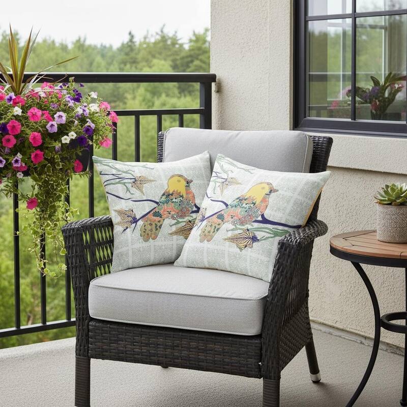 HomeRoots Set of Two 16" X 16" Green and White Bird Blown Seam Floral Indoor Outdoor Throw Pillow - 16.00' X '16.00' X '5.00 - Green/White - 16.00' X '16.00' X '5.00