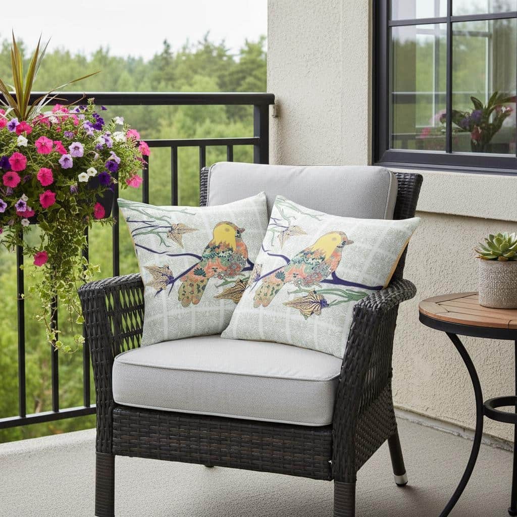 HomeRoots Set of Two 16" X 16" Green and White Bird Blown Seam Floral Indoor Outdoor Throw Pillow - 16.00' X '16.00' X '5.00