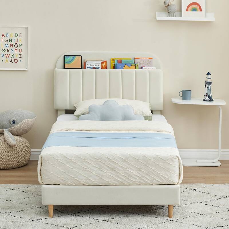 Twin/Twin XL/Full Size Bed Frame with Bookcase Headboard - Beige - Twin