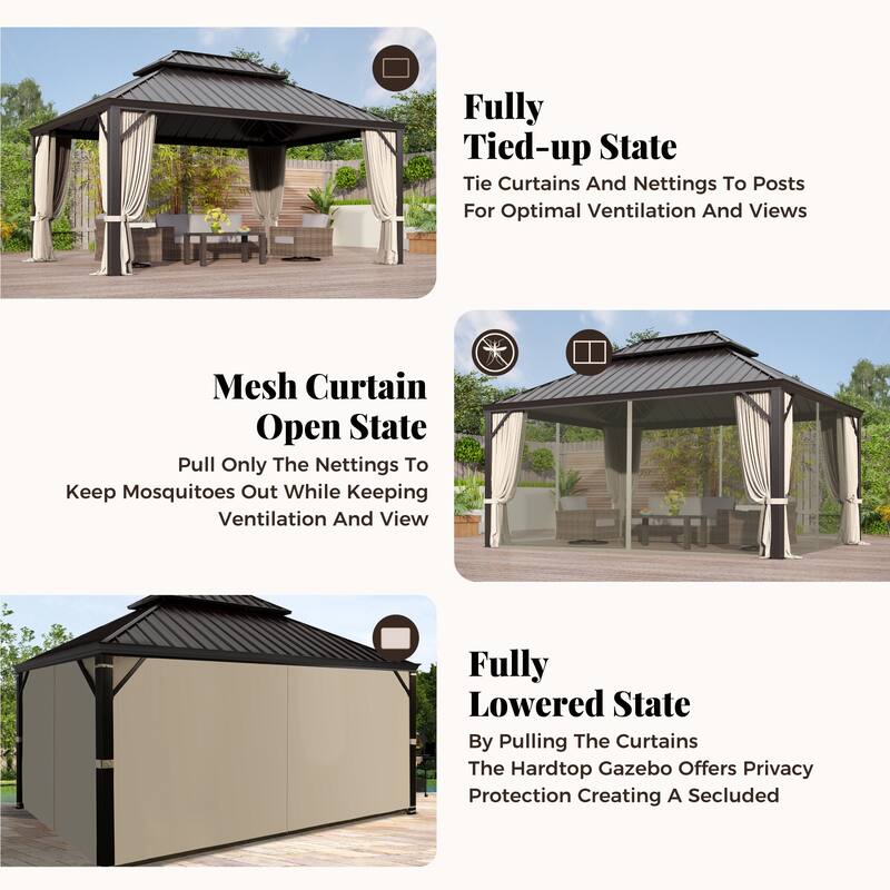 MAISON ARTS 14x20' Hardtop Aluminum Galvanized Steel Double Roof Gazebo with Netting & Curtains