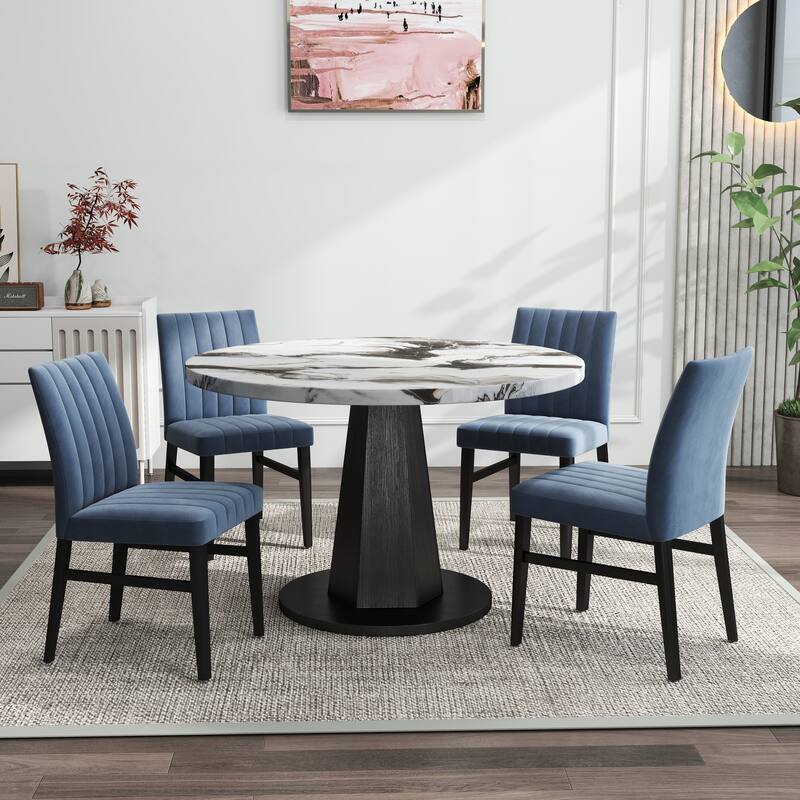Roundhill Furniture Cavira 5-Piece Round Modern Dining Set - Off-White Table + 4 Blue Chairs