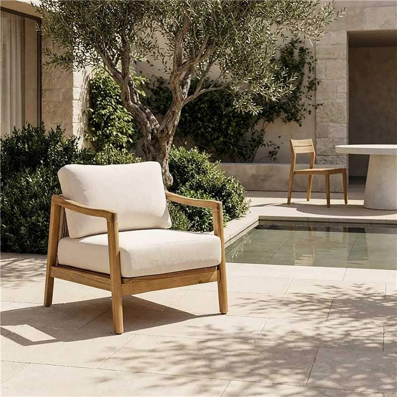 Christopher Knight Home - Outdoor Acacia Wood Club Chair with Rope Back and Water-Repellent Cushions - Single - Beige+Teak