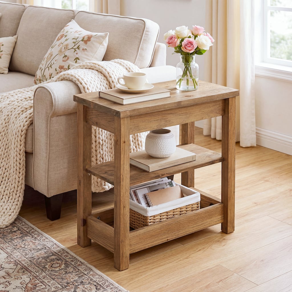 Solid Wood Narrow End Table, Side Table Nightstand with Storage Shelf - 23.62" D x 11.81" W x 23.62" H