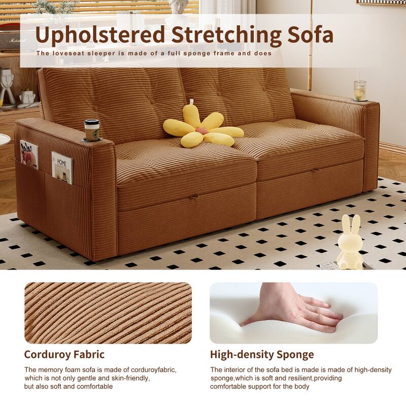 Multi-Functional Corduroy Loveseat Couch Convertible Sleeper Sofa Bed with Cup Holders and Side Pockets for Sitting, Sleeping