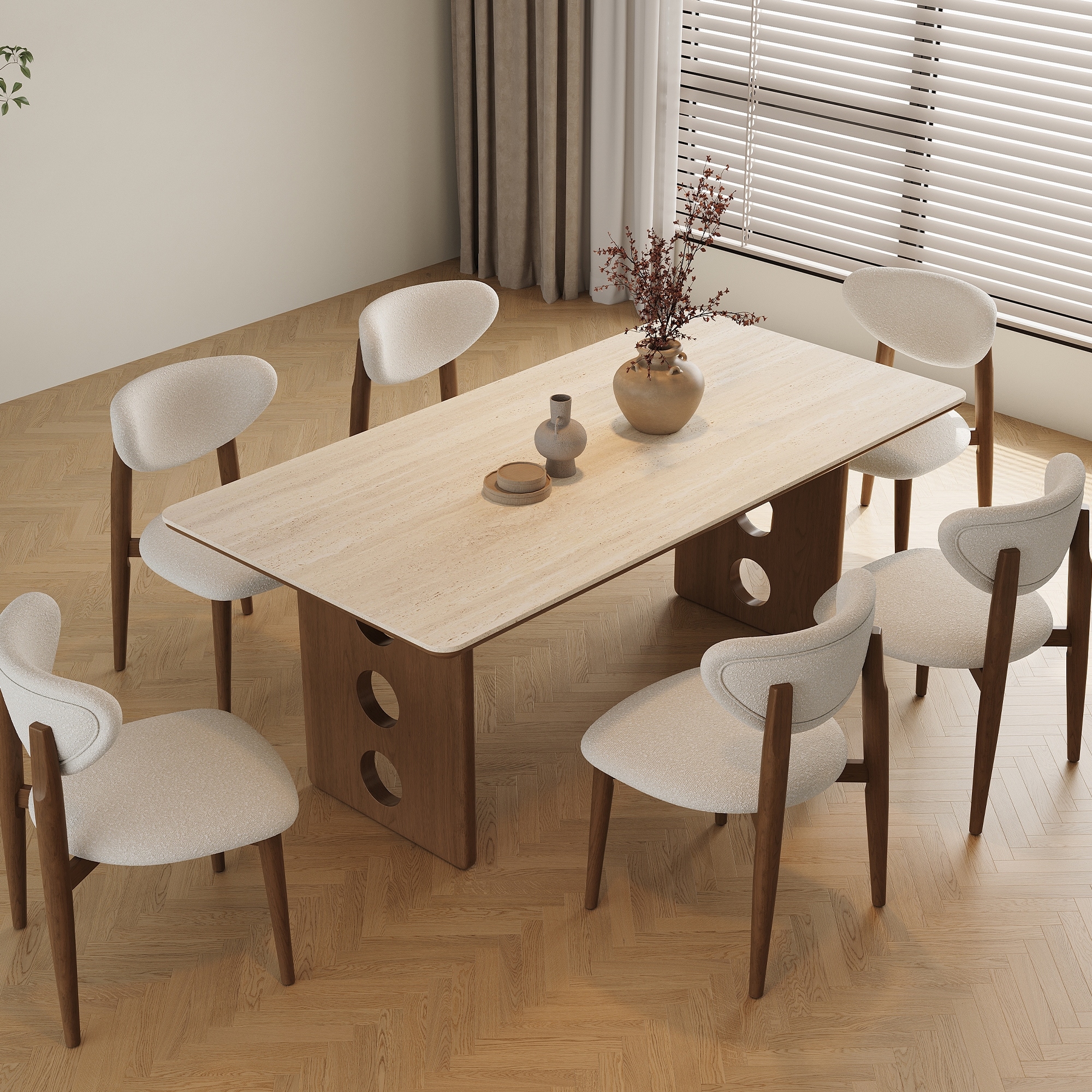 71"Mid-Century Modern Dining Table For 6, Retangular Kitchen Table With Beige Travertine Sintered Stone Top