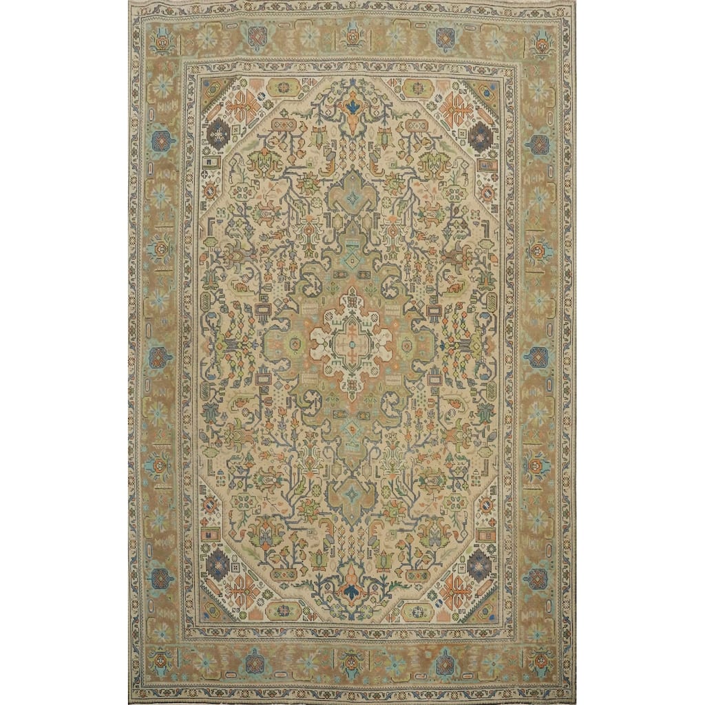 Hand Knotted Oriental 100% Wool Carpet Traditional Floral Beige & Ivories Tabriz Area Rug - 11' 0'' X 8' 1''