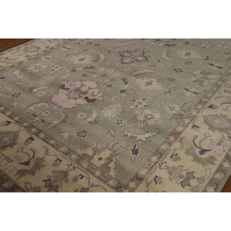 Transitional Oushak Indian Area Rug Handmade Green Wool Carpet - 9'0" x 12'0"