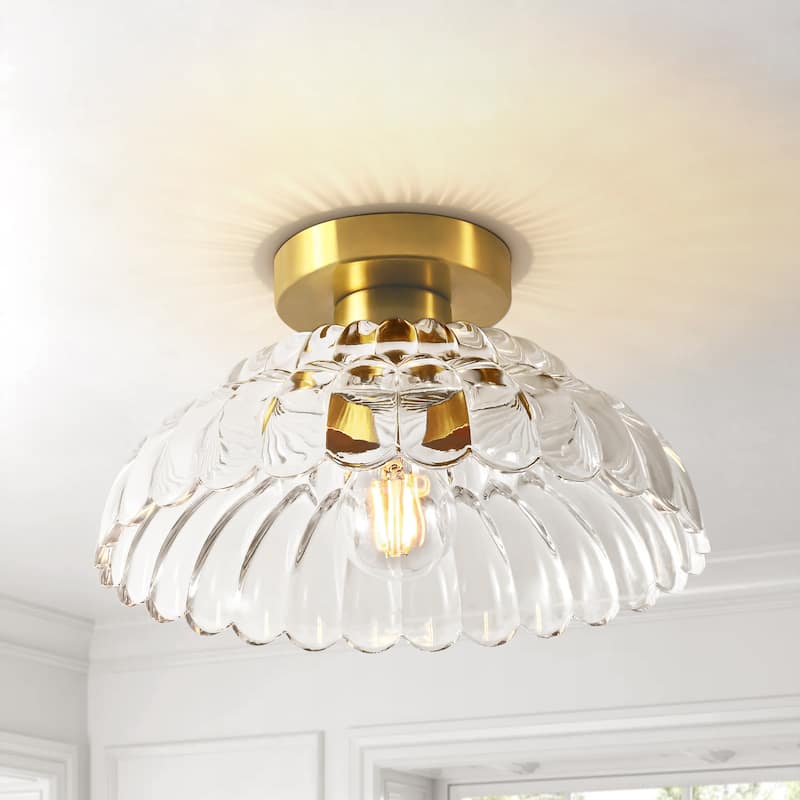 1-Light Vintage Brass Finish Metal Semi-Flush Mount Ceiling Light with Amber/Green/Grey/Clear Glass Shade for Kitchen, Hallway - Clear/Gold