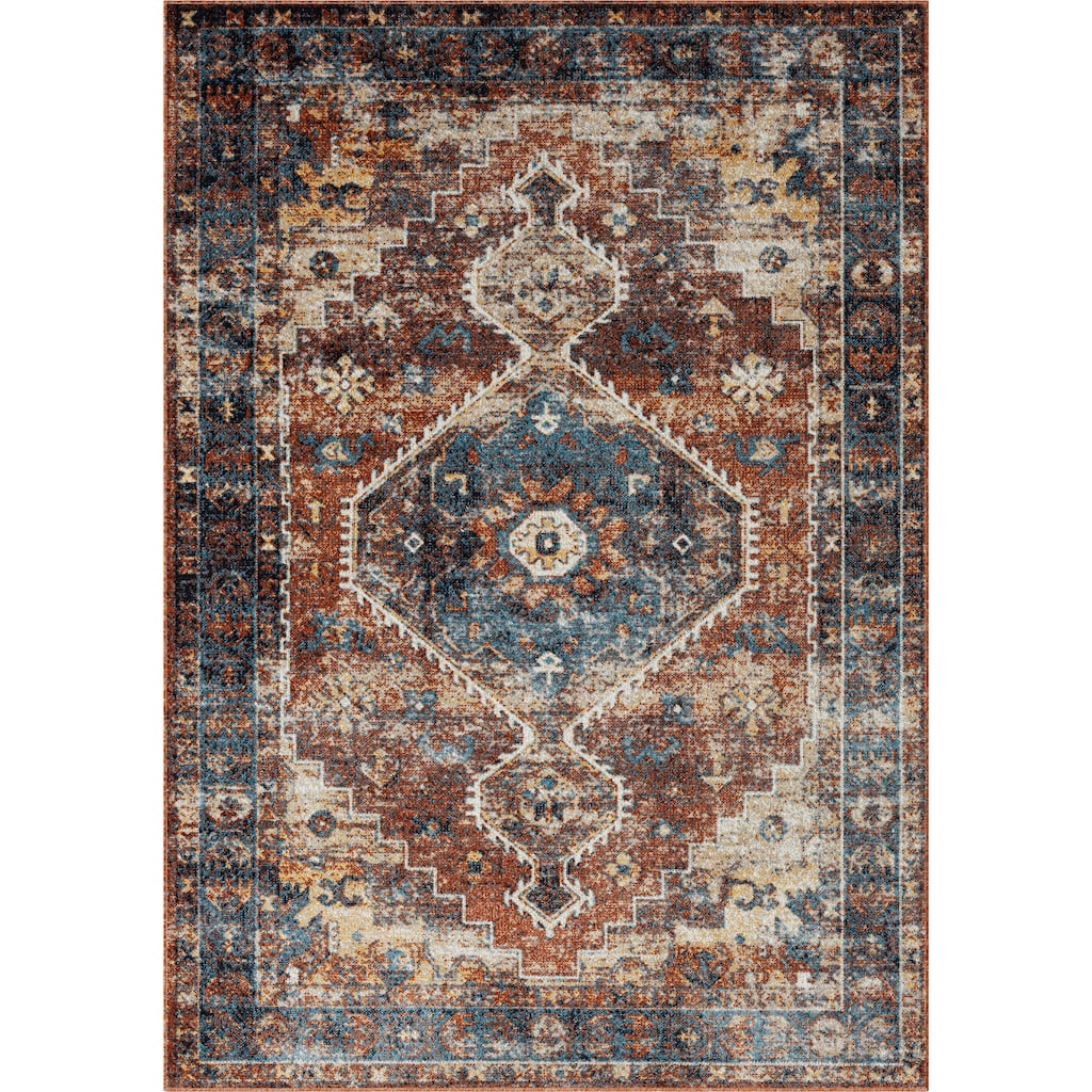 Sevita Distressed Bordered Blue Orange Medallion Machine-Washable Rug