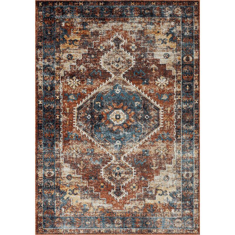 Sevita Distressed Bordered Blue Orange Medallion Machine-Washable Rug - 5' x 7'