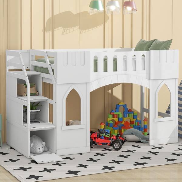 slide 2 of 18, Twin Size Loft Bed with Storage Staircase and Window, White White