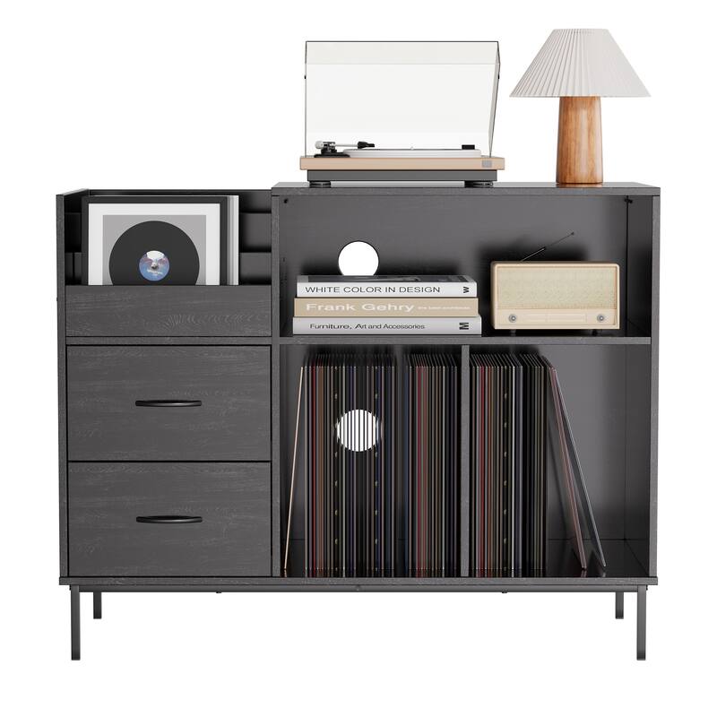 Record Player Stand with Power Outlet & Flip-Down Lid,Turntable Table with Storage,Media Console with 2 Drawers