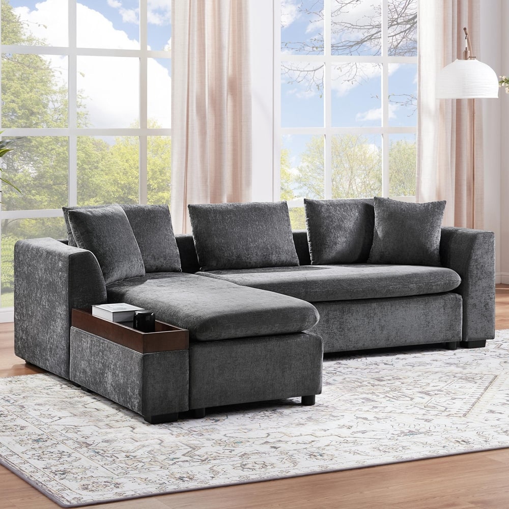 Chenille Sectional Sofa L-shaped Sofa with Wooden Storage Compartment, Tufted Couch Upholstered Sofa Couch with Pillows