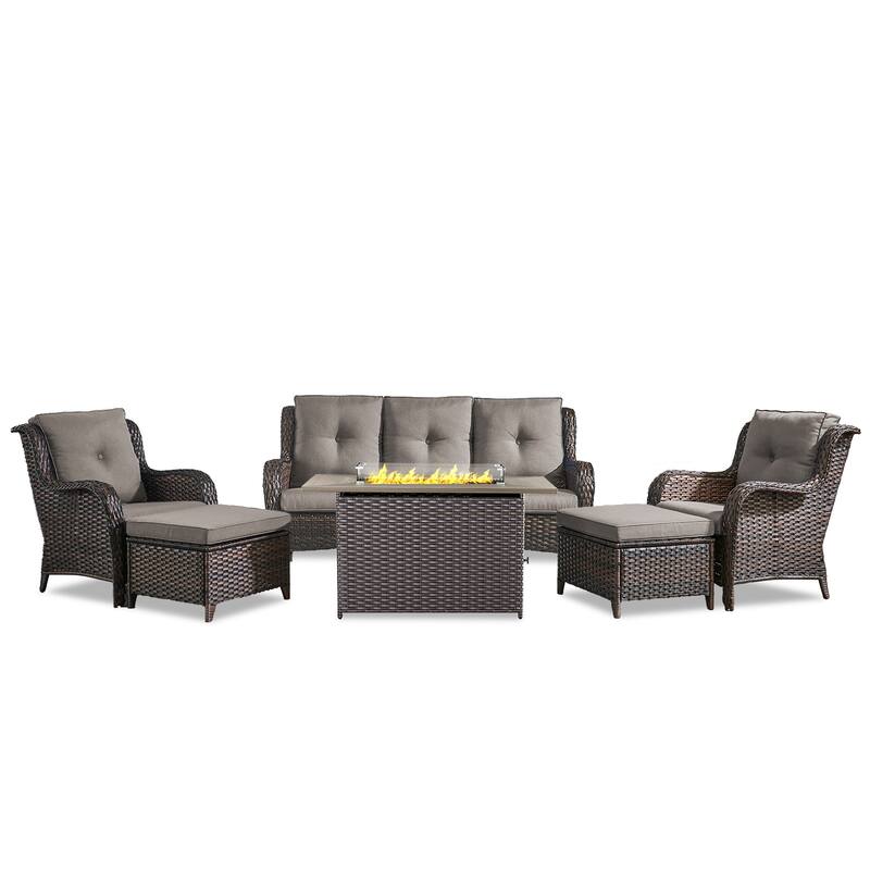 Fire Pit Table with Patio Sofa Chairs Ottomans Brown-Grey - Brown