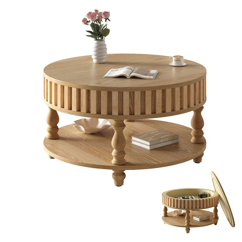 Farmhouse Fluted Coffee Table with Storage and Flip-Top Lids