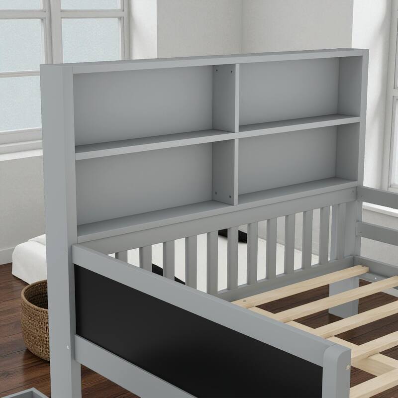 Twin/Full Solid Wood Platform Bed with Chalkboard Headboard, Storage Drawers and Shelves, Space-Saving Kids Bed