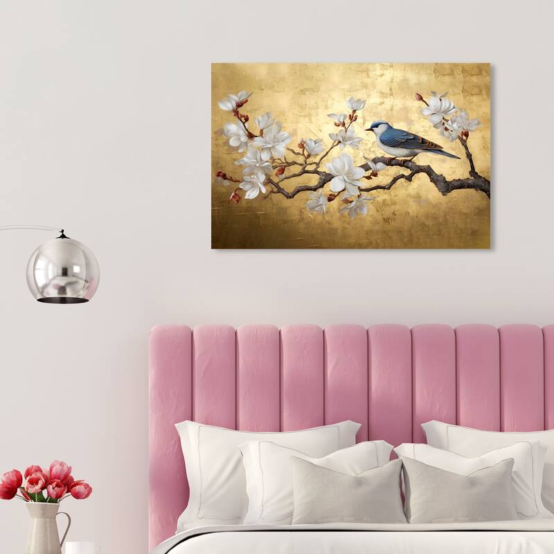 Wynwood Studio Canvas Floral and Botanical Branch Blossom with Bird Gold and Metallic Gold Glam Wall Art Canvas Print - 30 x 20